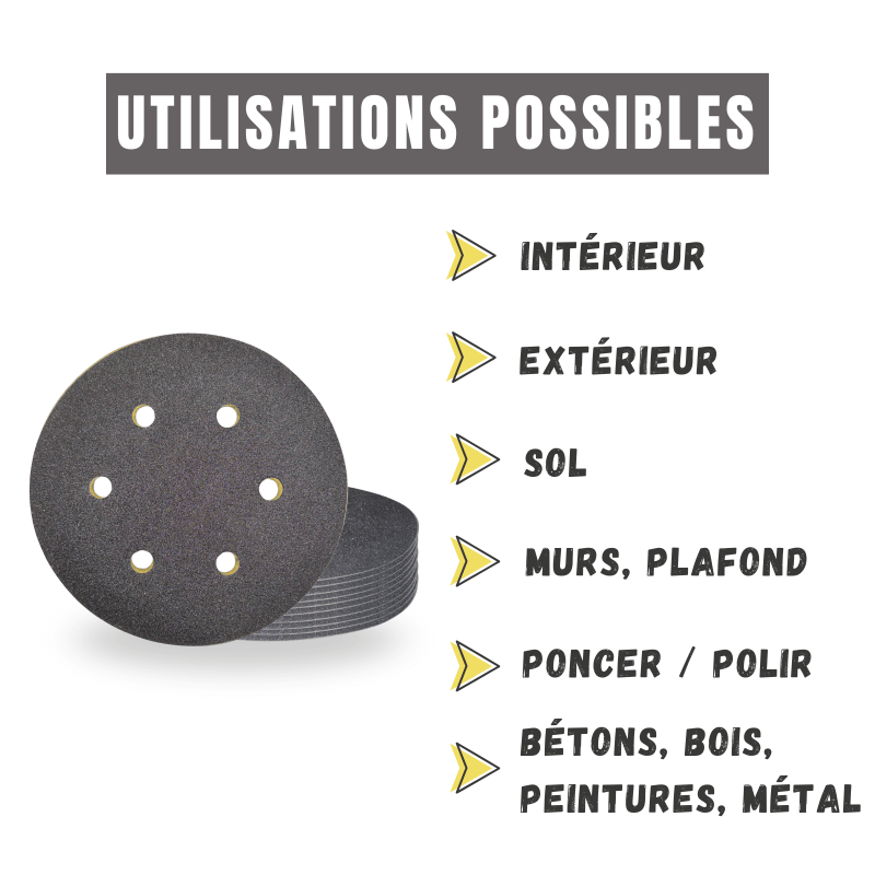 Disques abrasifs velcro perforés Ø150 mm - Utilisations possibles
