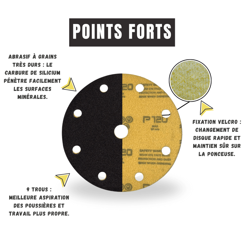 Disques abrasifs Ø150 mm auto-agrippants avec 9 trous - Points forts