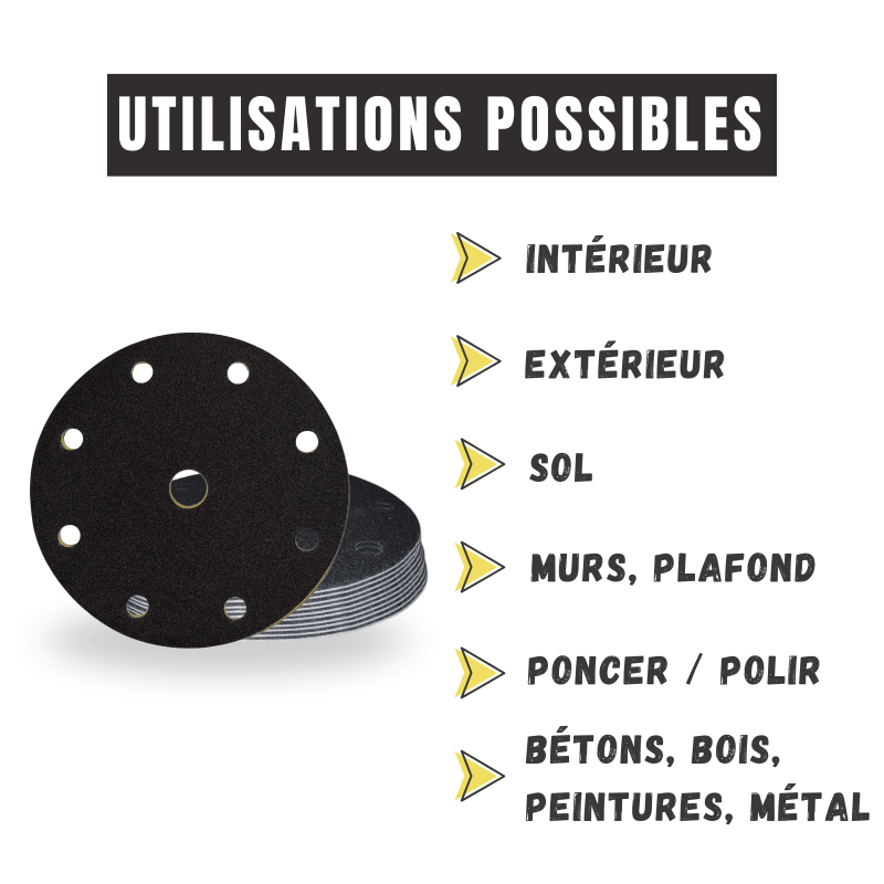 Disques abrasifs Ø150 mm auto-agrippants avec 9 trous - Utilisations possibles
