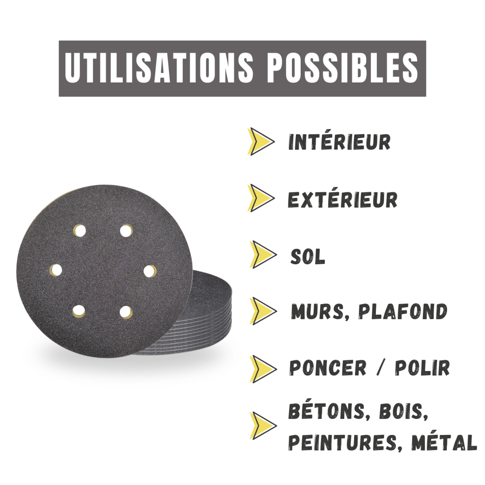 Disques abrasifs velcro perforés Ø150 mm - Utilisations possibles