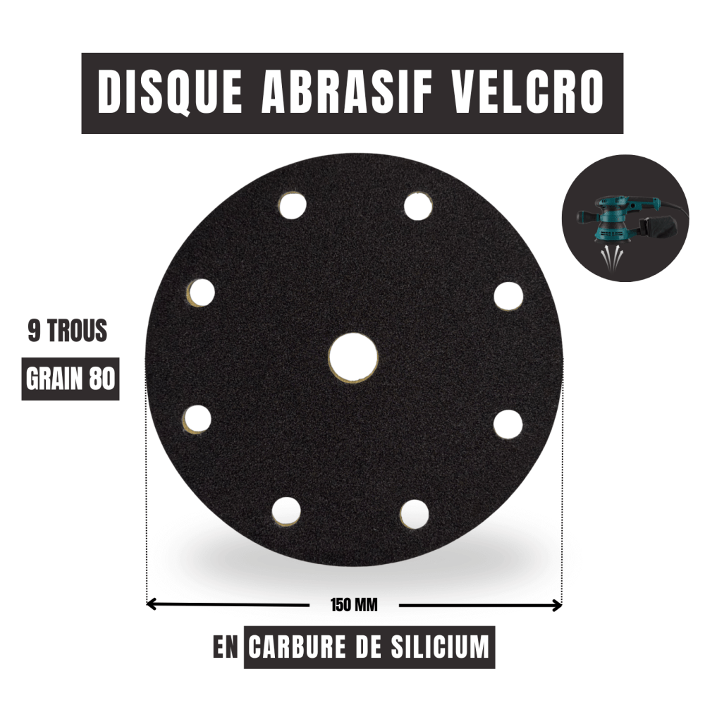 Disques abrasifs Ø150 mm auto-agrippants avec 9 trous - Dimensions / Grain 80