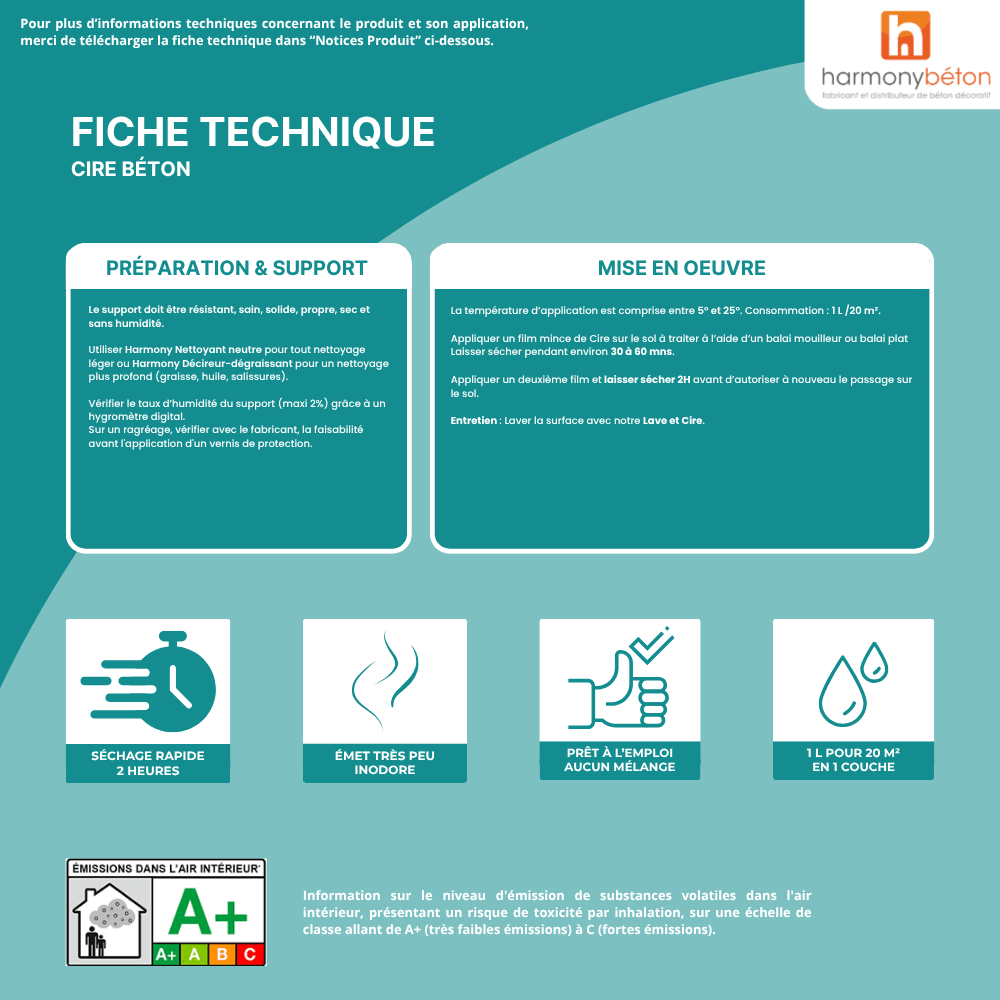 Fiche technique cire béton finition satinée